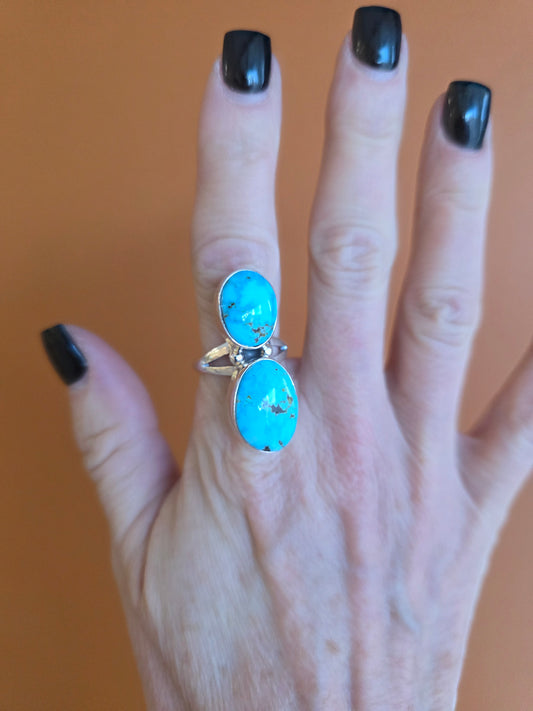 Double Stone Spiderweb Kingman Turquoise Ring