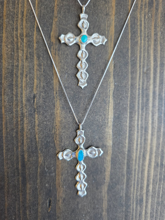 Evelyn Joe Stamped Sterling Silver Cross with Turquoise Stone
