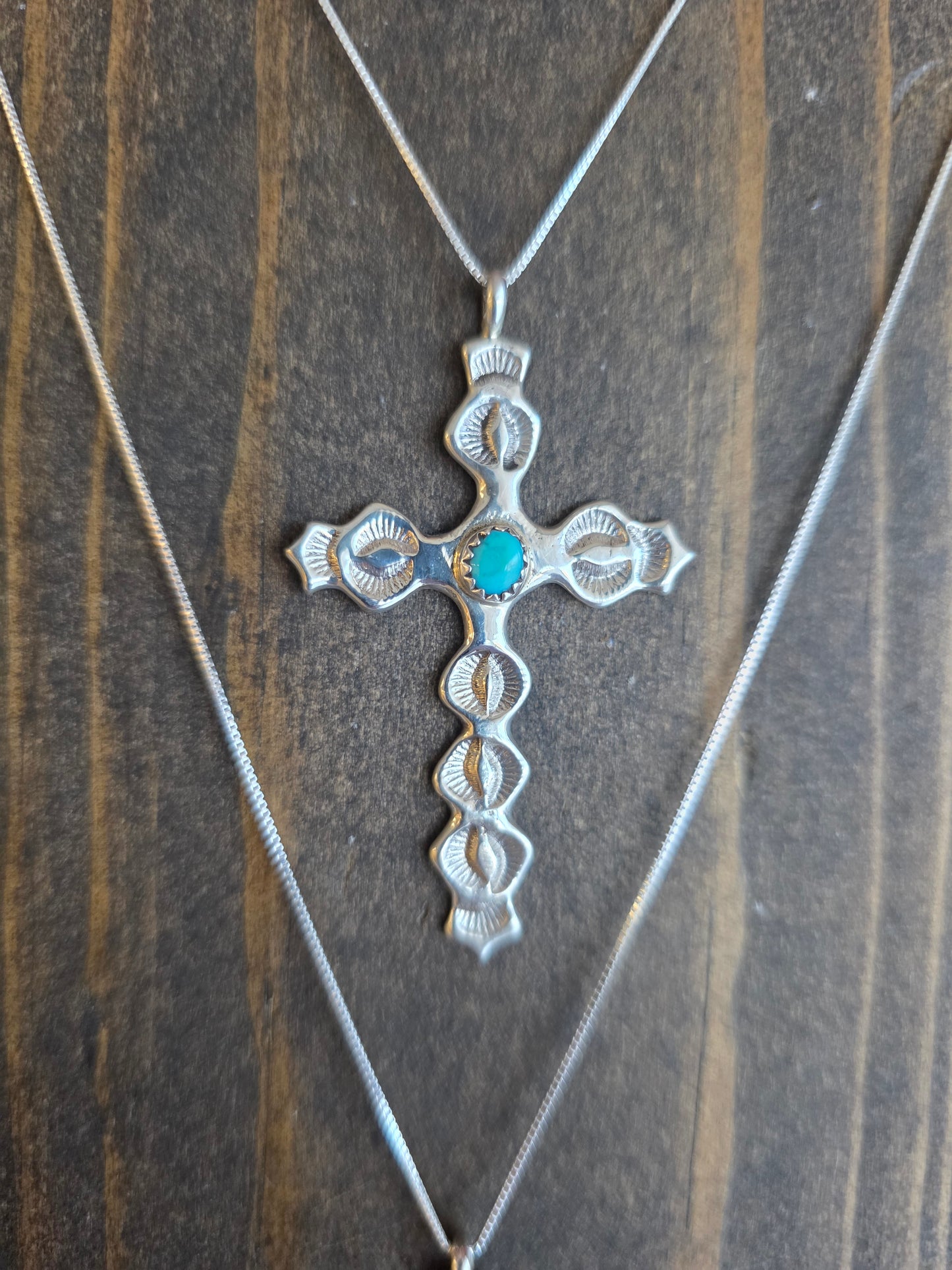 Evelyn Joe Stamped Sterling Silver Cross with Turquoise Stone