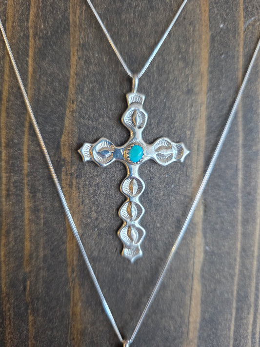 Evelyn Joe Stamped Sterling Silver Cross with Turquoise Stone