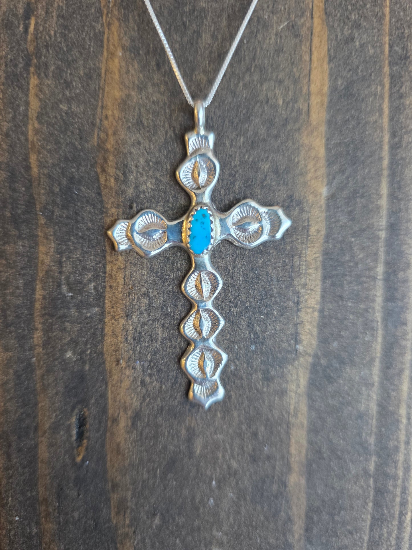 Evelyn Joe Stamped Sterling Silver Cross with Turquoise Stone