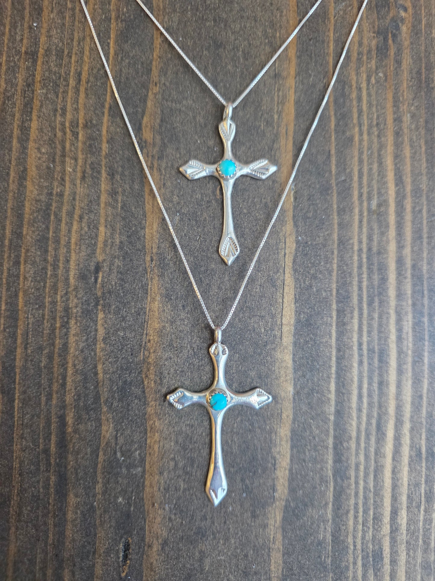 Lorraine Chee Sterling Silver Scalloped Cross Turquoise Pendant Necklace