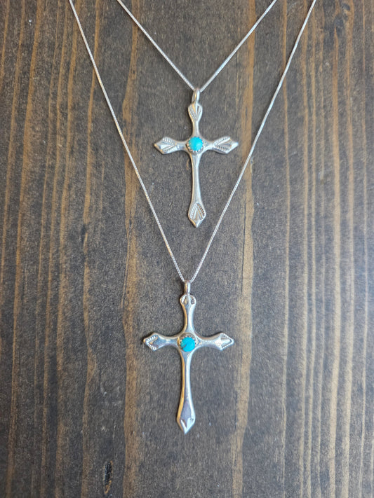 Lorraine Chee Sterling Silver Scalloped Cross Turquoise Pendant Necklace