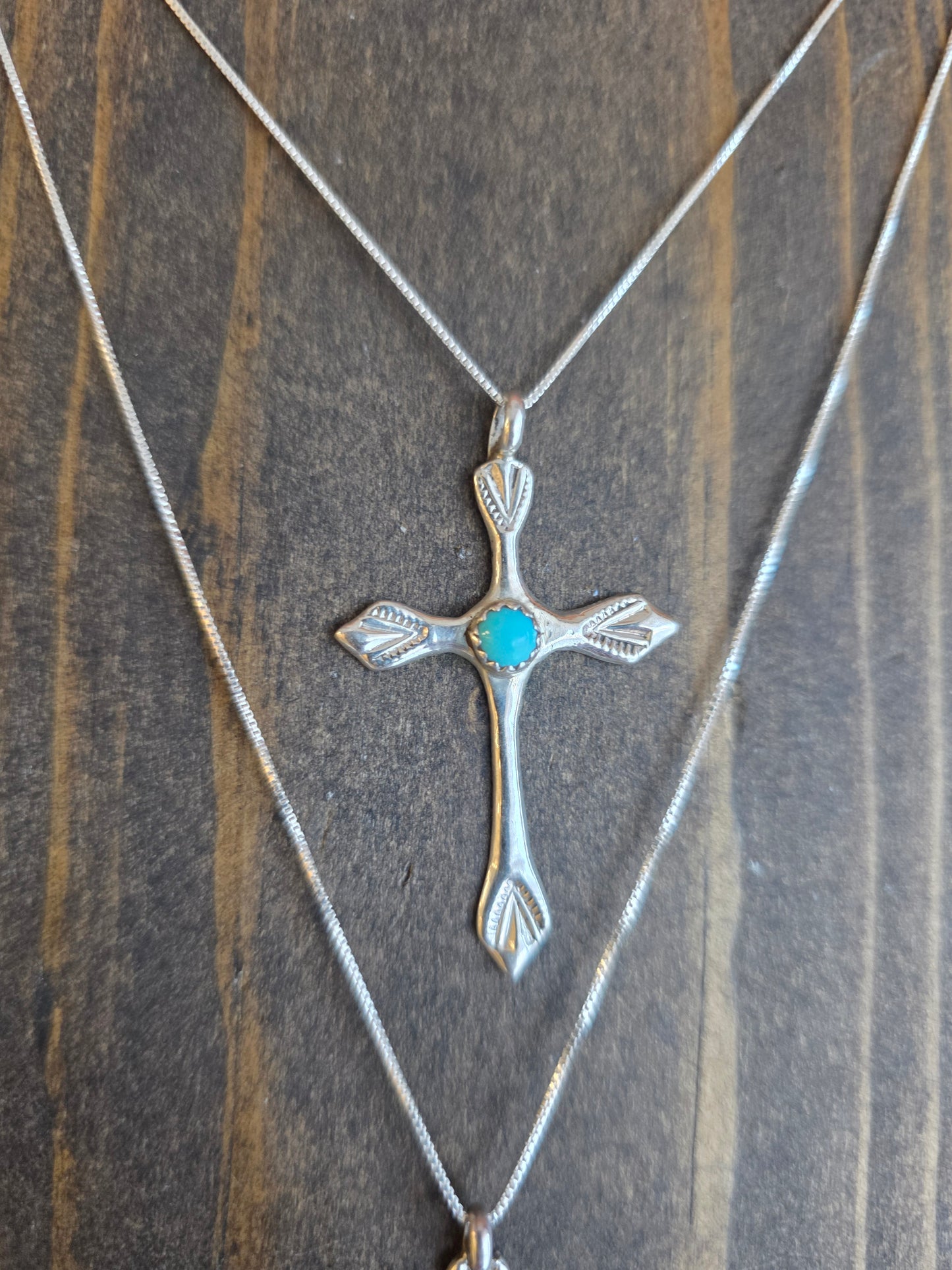 Lorraine Chee Sterling Silver Scalloped Cross Turquoise Pendant Necklace