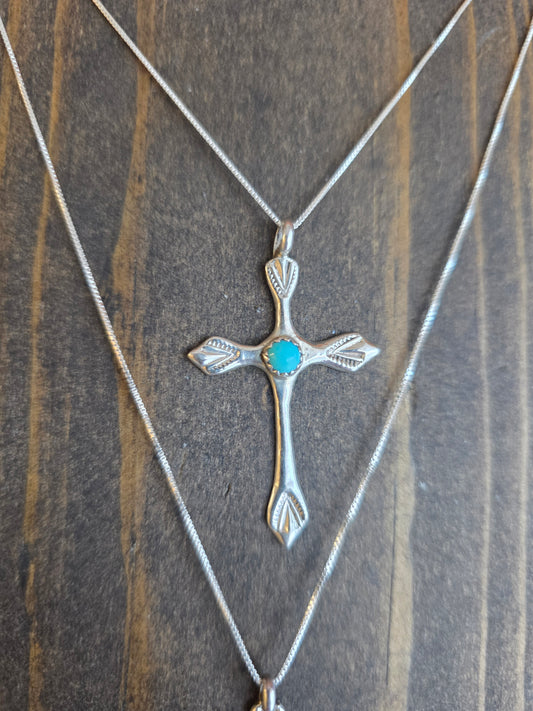Lorraine Chee Sterling Silver Scalloped Cross Turquoise Pendant Necklace