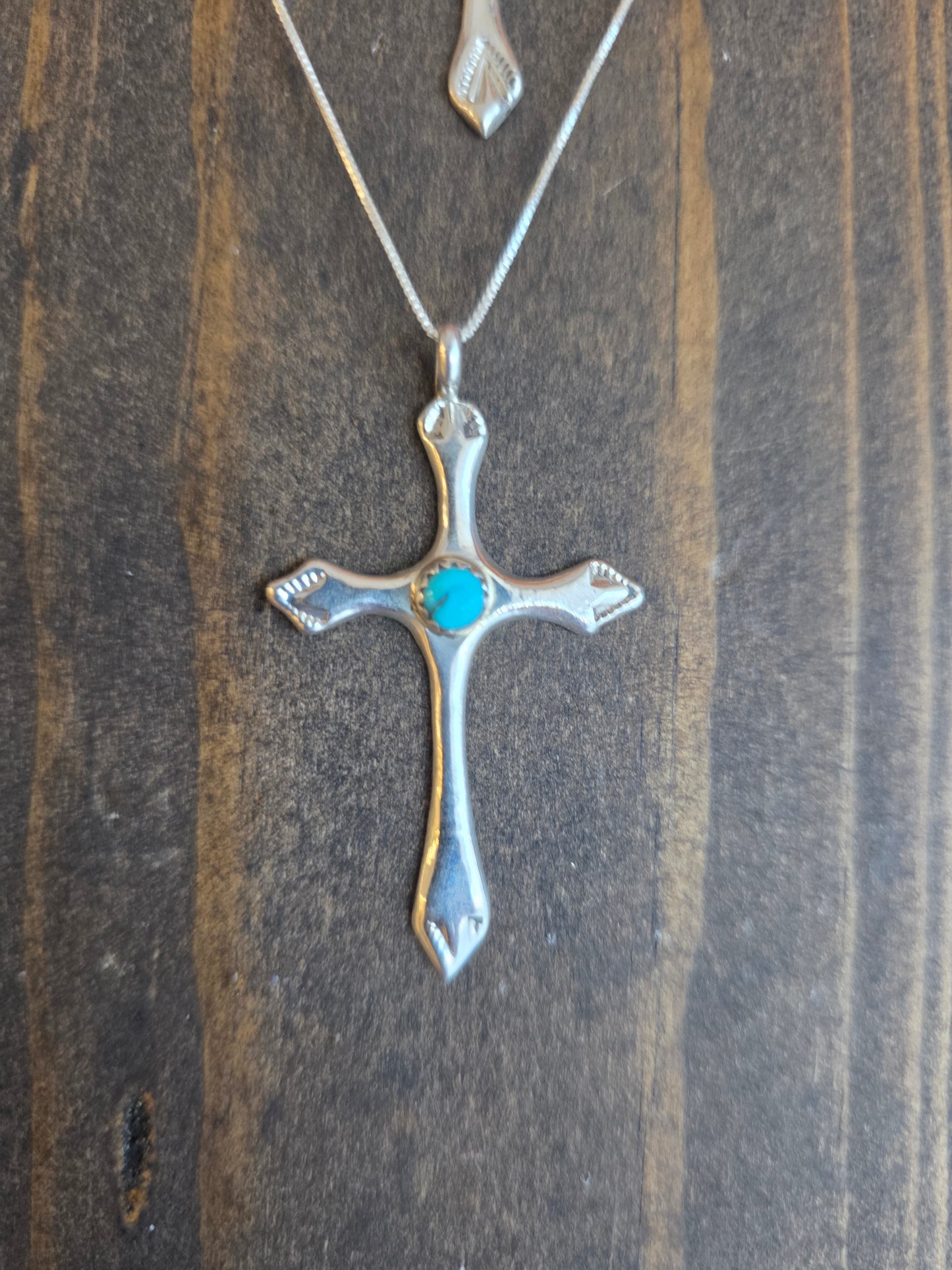Lorraine Chee Sterling Silver Scalloped Cross Turquoise Pendant Necklace