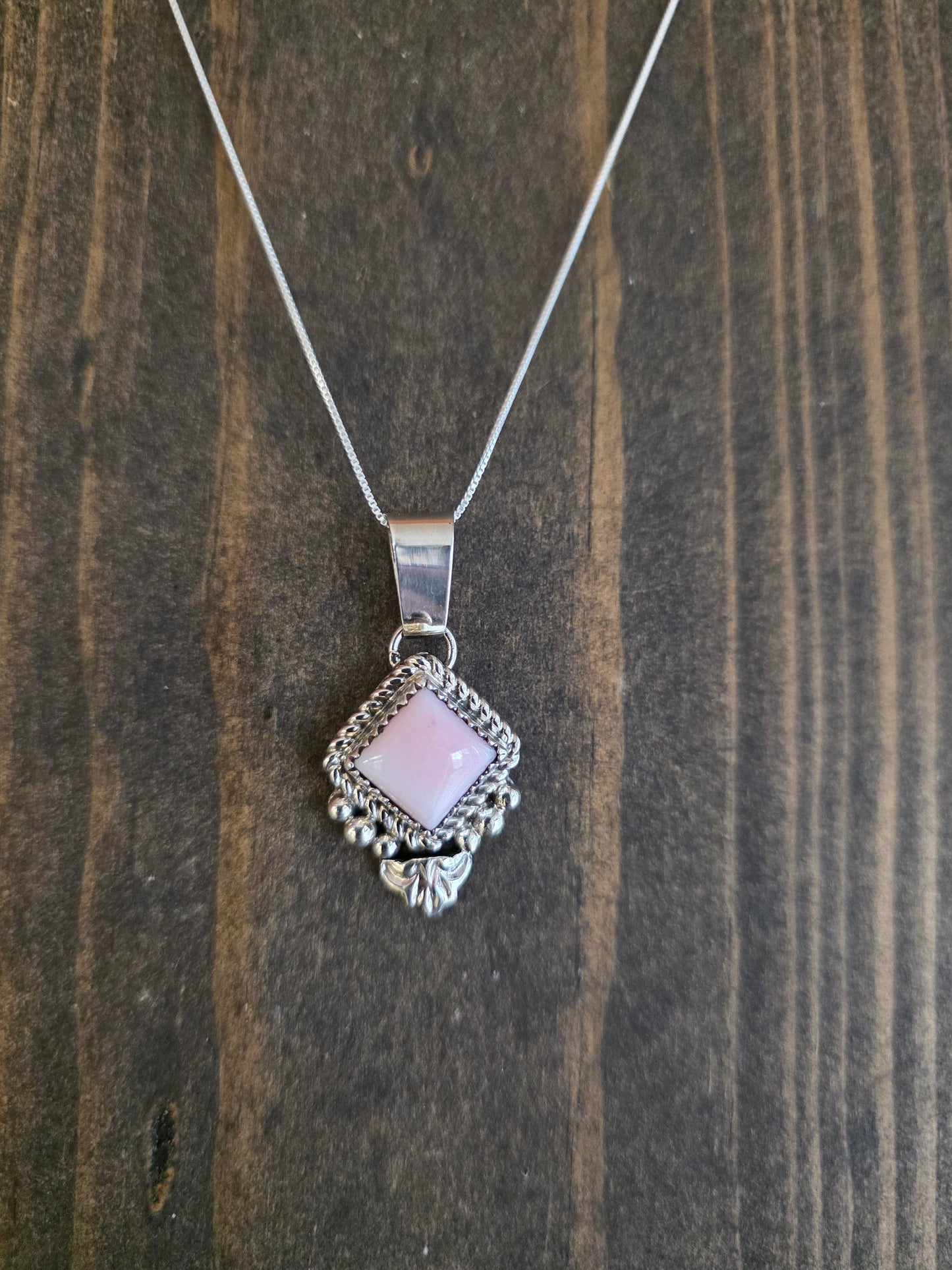 Accented Sterling Pink Conch Diamond Shaped Pendant Necklace