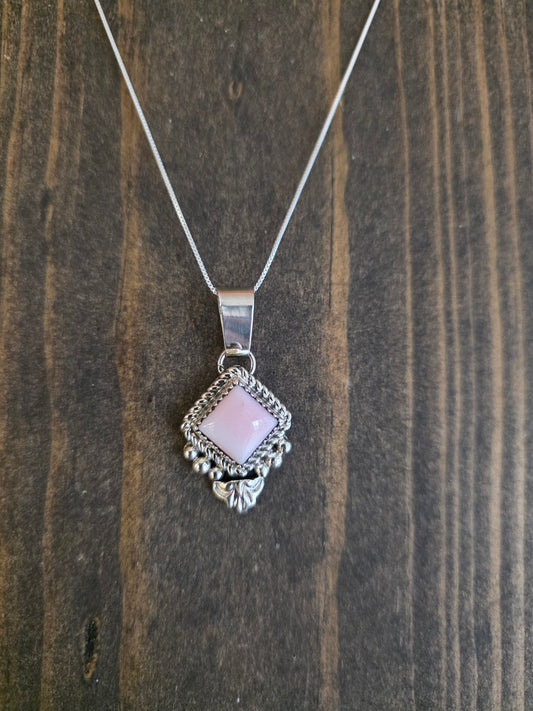 Accented Sterling Pink Conch Diamond Shaped Pendant Necklace