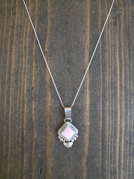 Accented Sterling Pink Conch Diamond Shaped Pendant Necklace