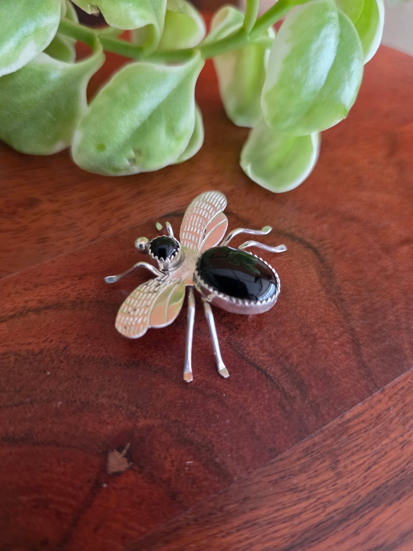 Sterling Silver Two Stone Onyx Flying Insect Pin