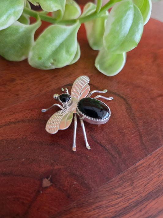 Sterling Silver Two Stone Onyx Flying Insect Pin