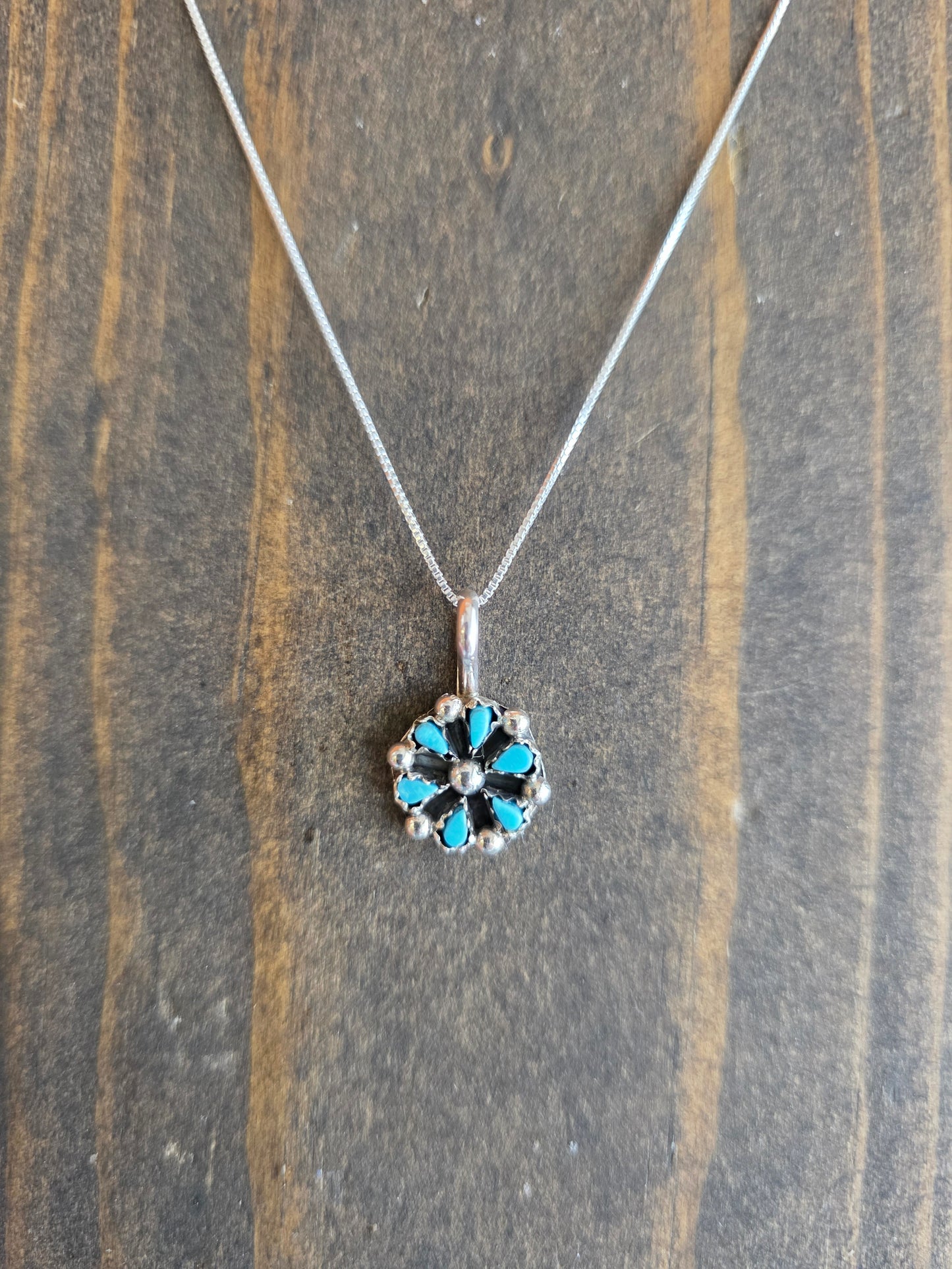 Zuni Petit Point Turquoise Flower Pendant Necklace