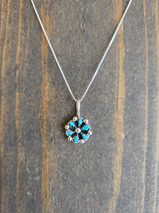Zuni Petit Point Turquoise Flower Pendant Necklace
