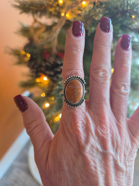 Sterling Bead Accent Fossilized Coral Ring