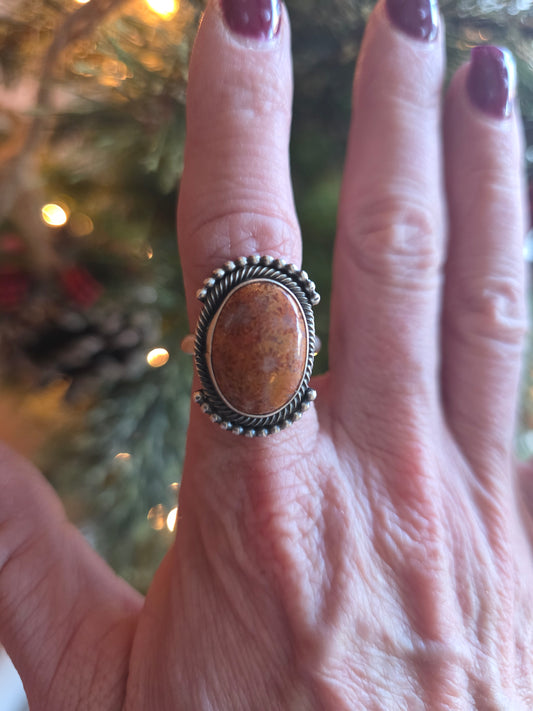 Sterling Bead Accent Fossilized Coral Ring