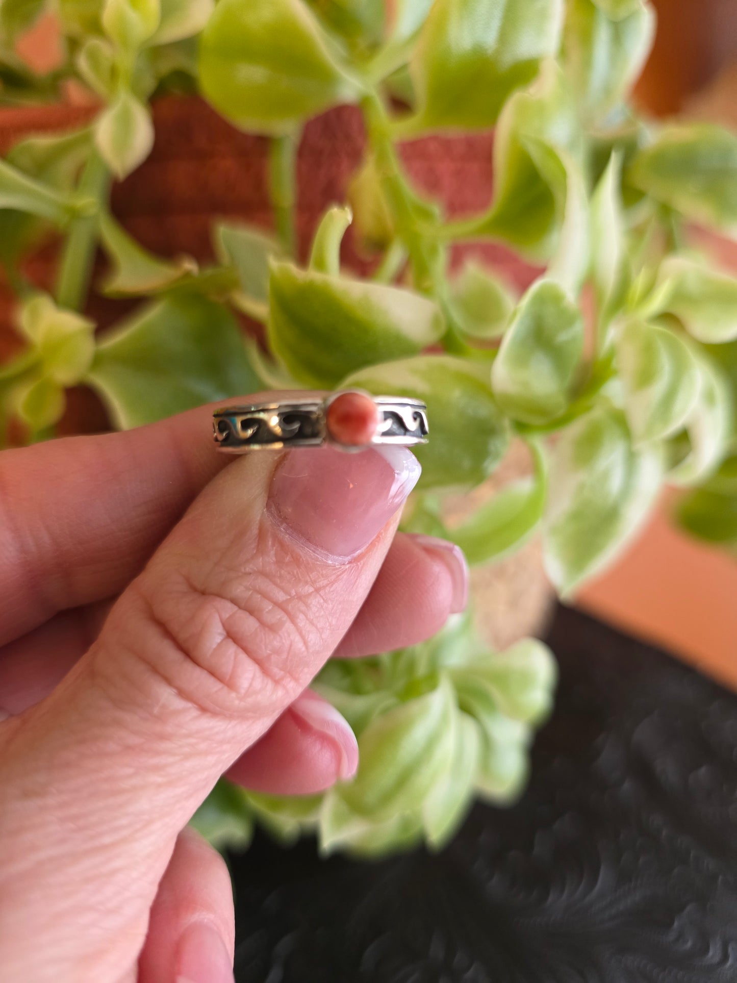 Slim Band Sterling Silver and Carnelian Wave Ring