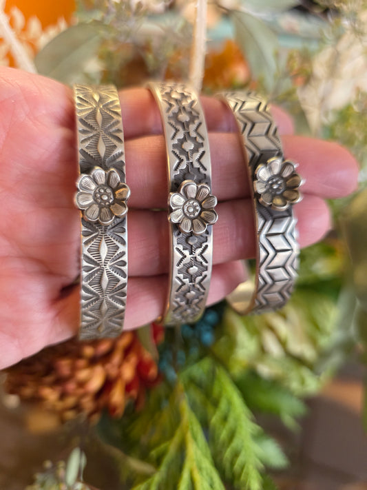 Calvin Martinez Heavy Gauge Stamped Sterling Silver Flower Cuff