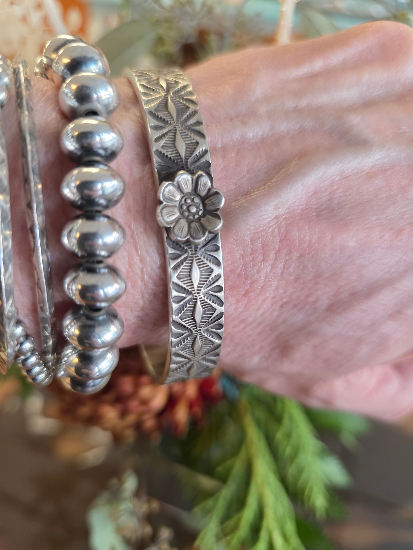 Calvin Martinez Heavy Gauge Stamped Sterling Silver Flower Cuff