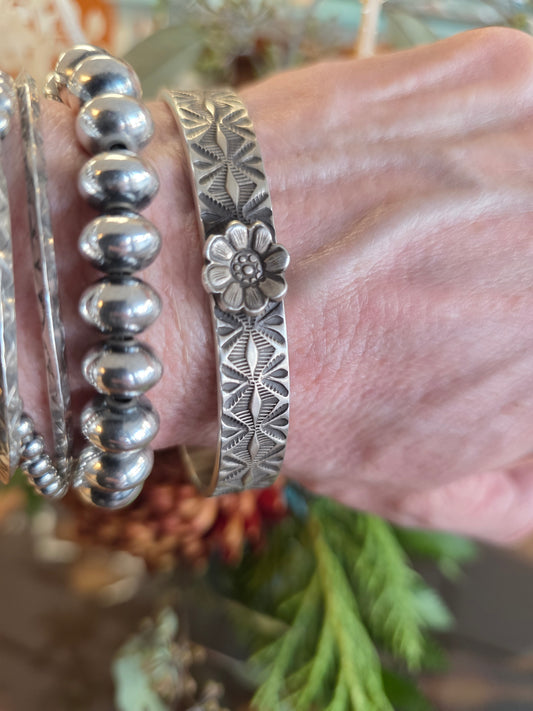 Calvin Martinez Heavy Gauge Stamped Sterling Silver Flower Cuff