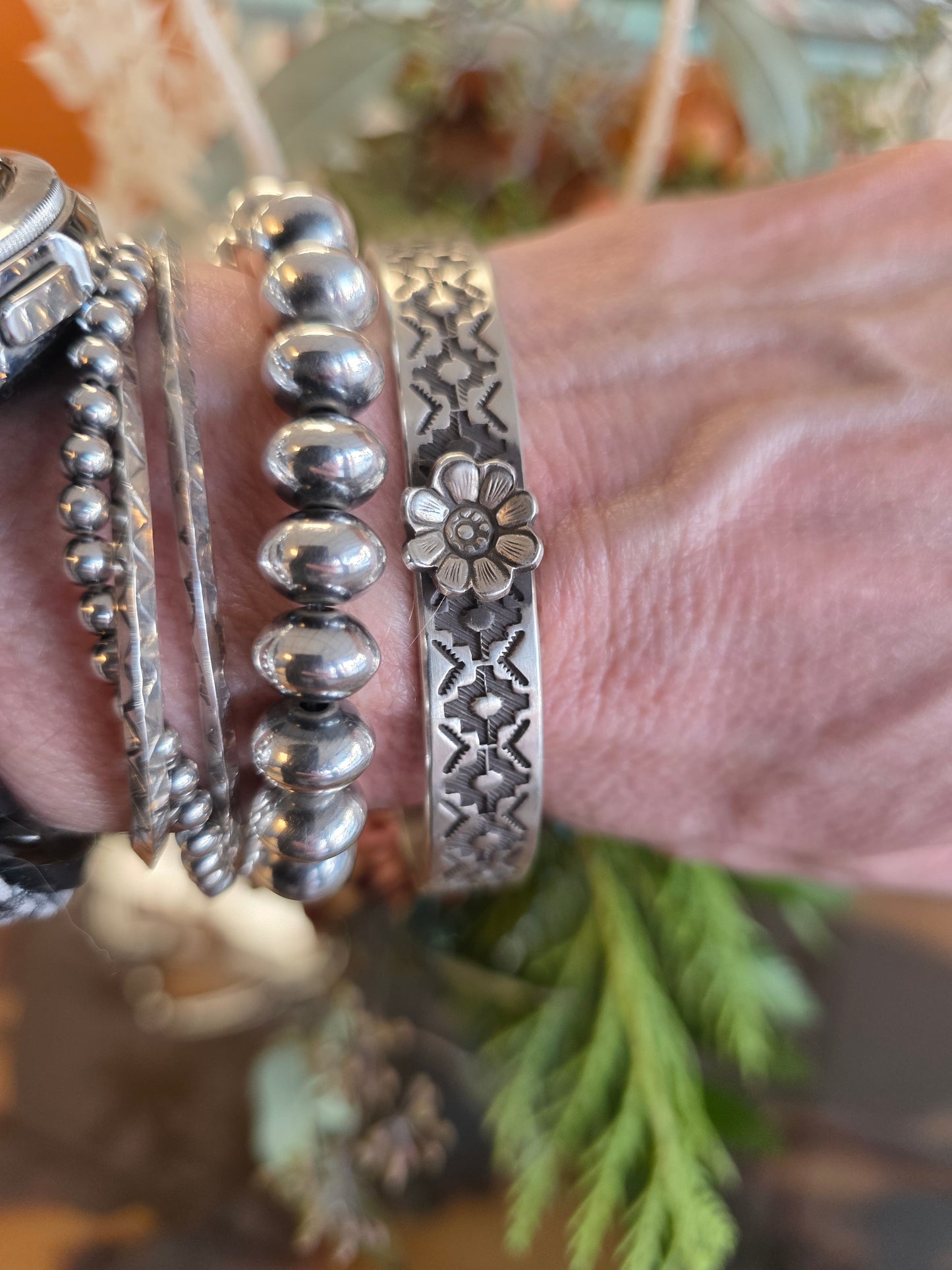 Calvin Martinez Heavy Gauge Stamped Sterling Silver Flower Cuff