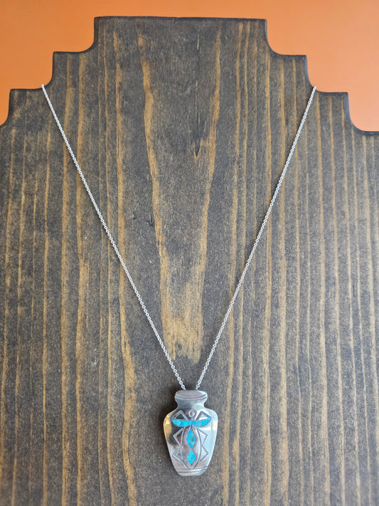 Vintage Sterling Silver Inlay Vase Pendant Necklace