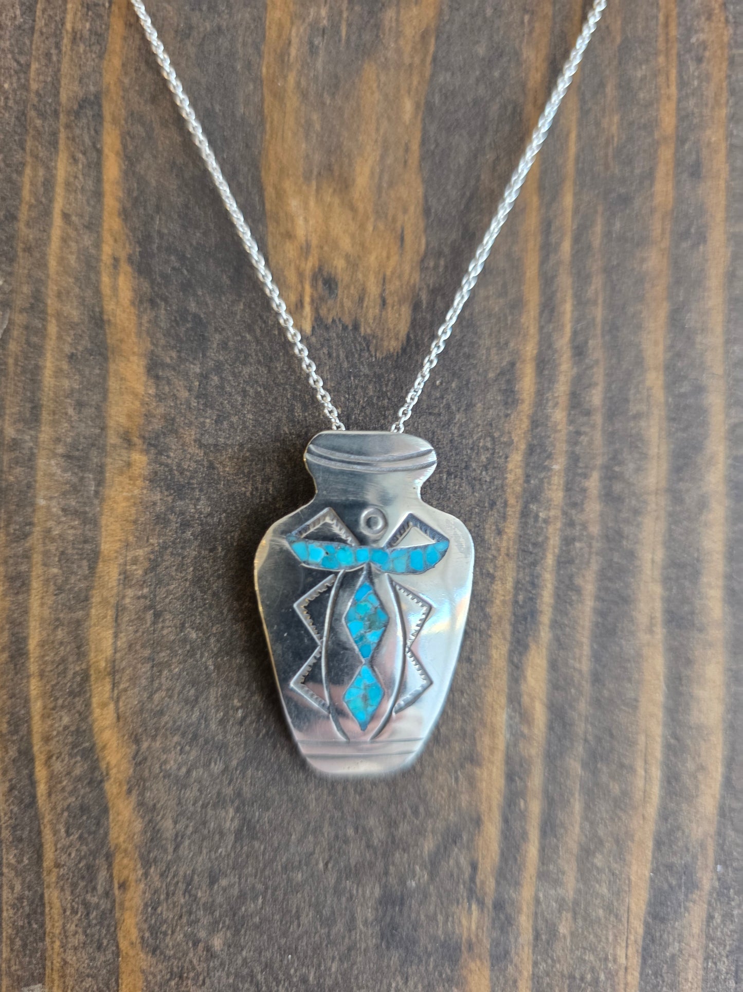 Vintage Sterling Silver Inlay Vase Pendant Necklace