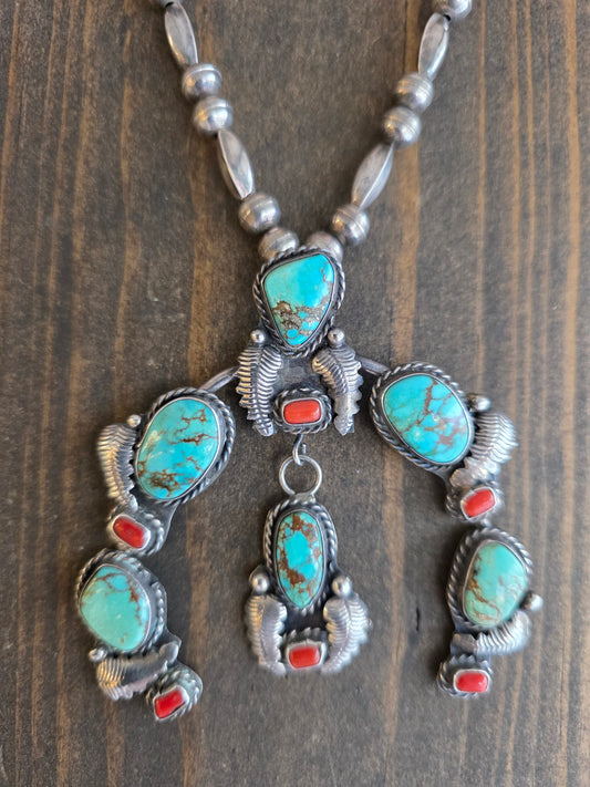 Vintage Sterling Silver Turquoise & Coral Squash Blossom Necklace