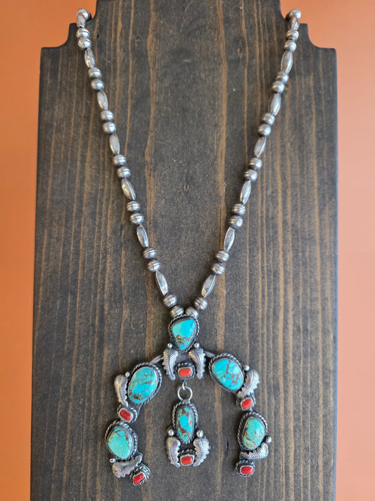 Vintage Sterling Silver Turquoise & Coral Squash Blossom Necklace