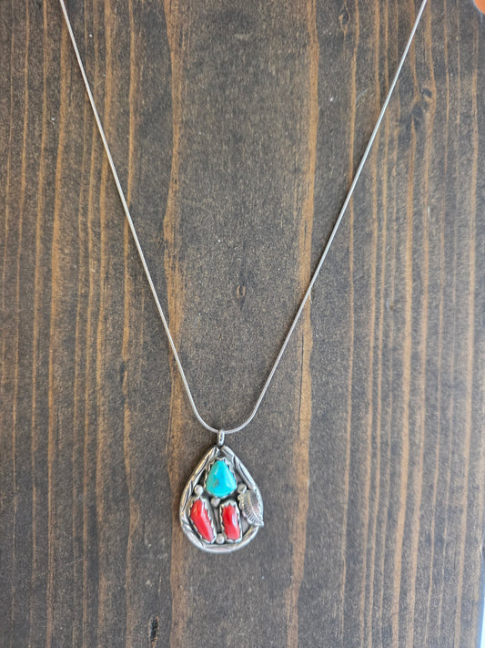 Vintage Zuni Teardrop Sterling, Turquoise & Coral Pendant Necklace