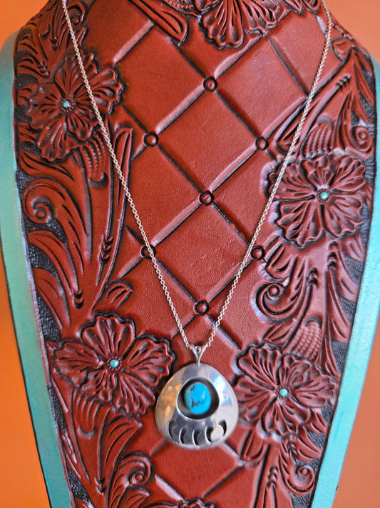 Vintage Sterling Silver Turquoise Bear Paw Pendant Necklace
