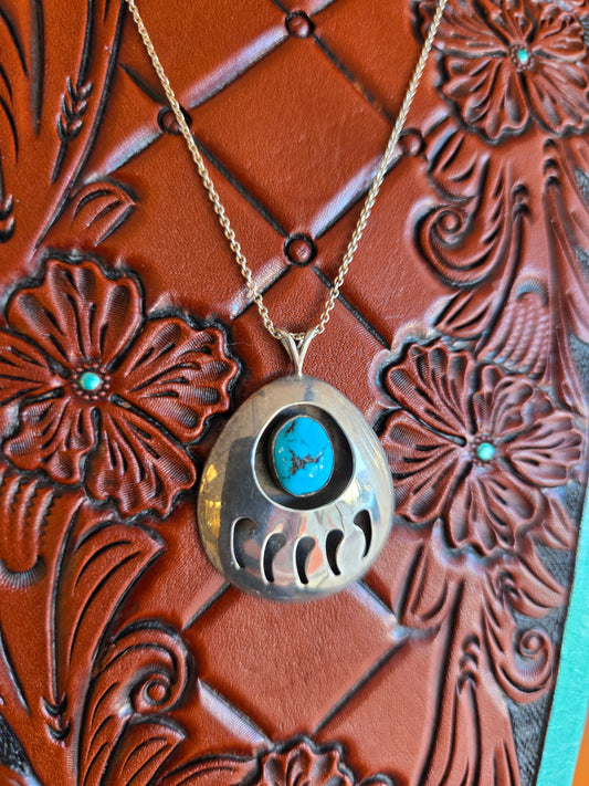 Vintage Sterling Silver Turquoise Bear Paw Pendant Necklace