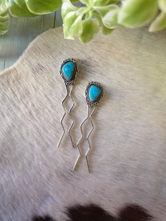 Vintage Sterling Silver Turquoise Hair Pin