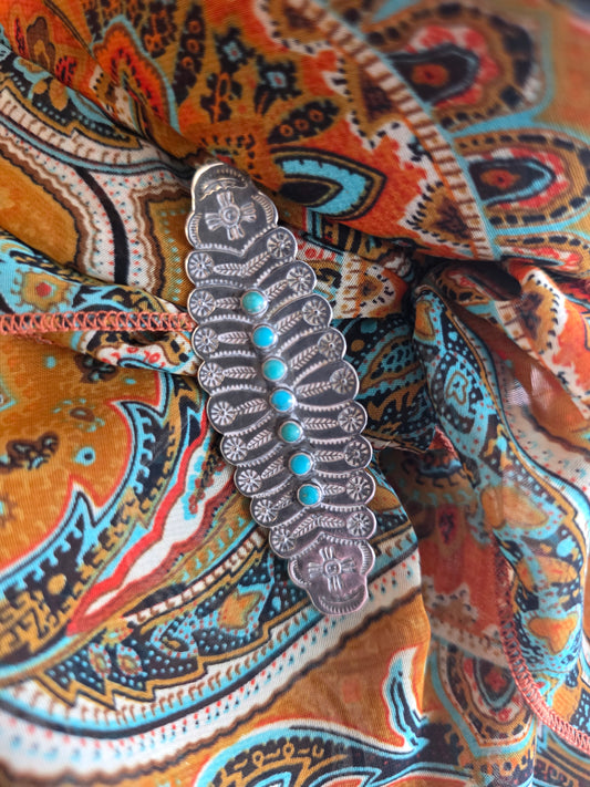 Vintage Sterling Silver Turquoise Scalloped Brooch