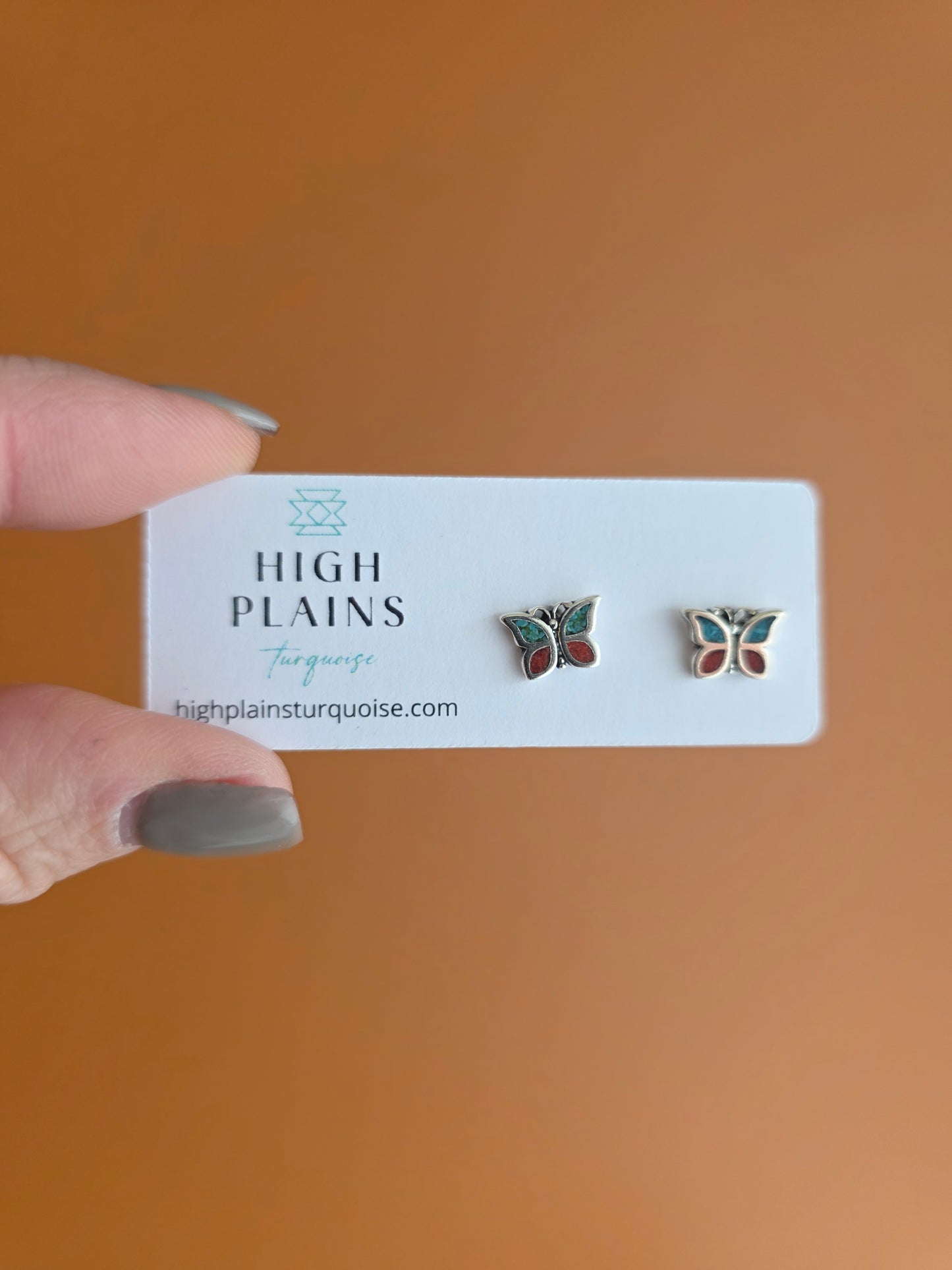 Turquoise and Coral Inlay Butterfly Earrings