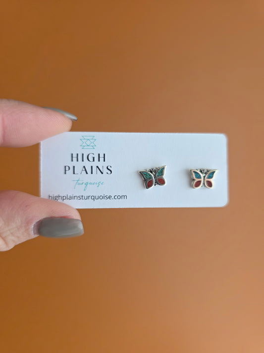 Turquoise and Coral Inlay Butterfly Earrings