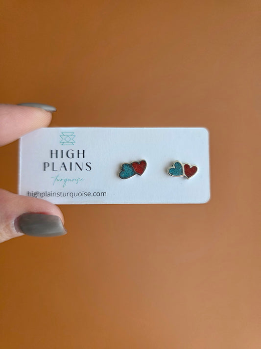 Turquoise and Coral Chip Inlay Double Heart Earrings