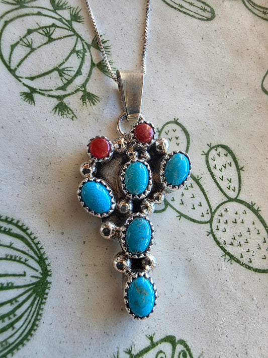 Prickly Pear Kingman Turquoise and Spiny Oyster Cactus Pendant Necklace