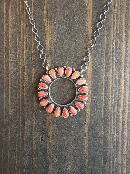 Spiny Oyster Teardrop Circle Pendant Necklace