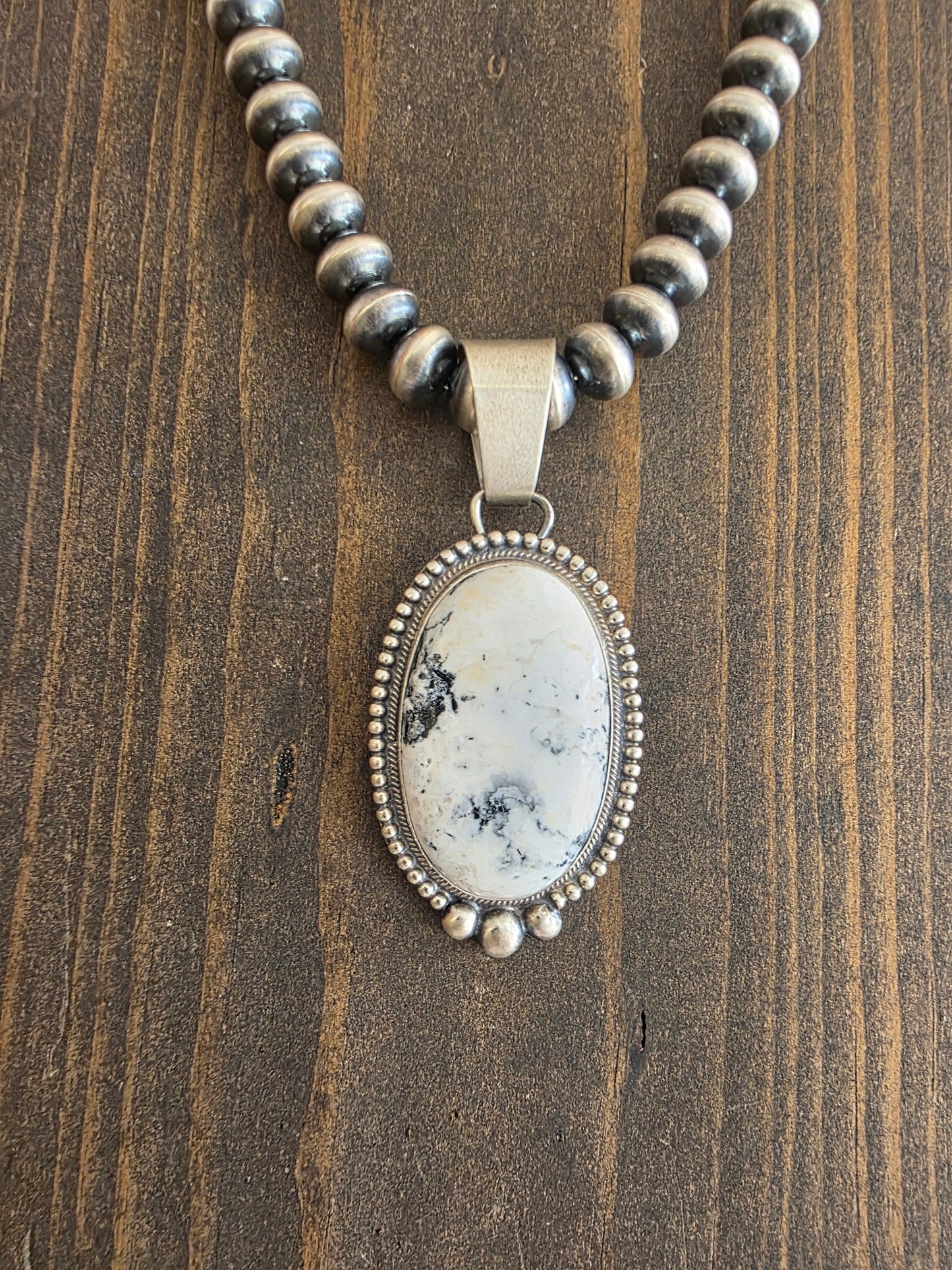 White Buffalo Large Stone Sterling Bead Accent Pendant
