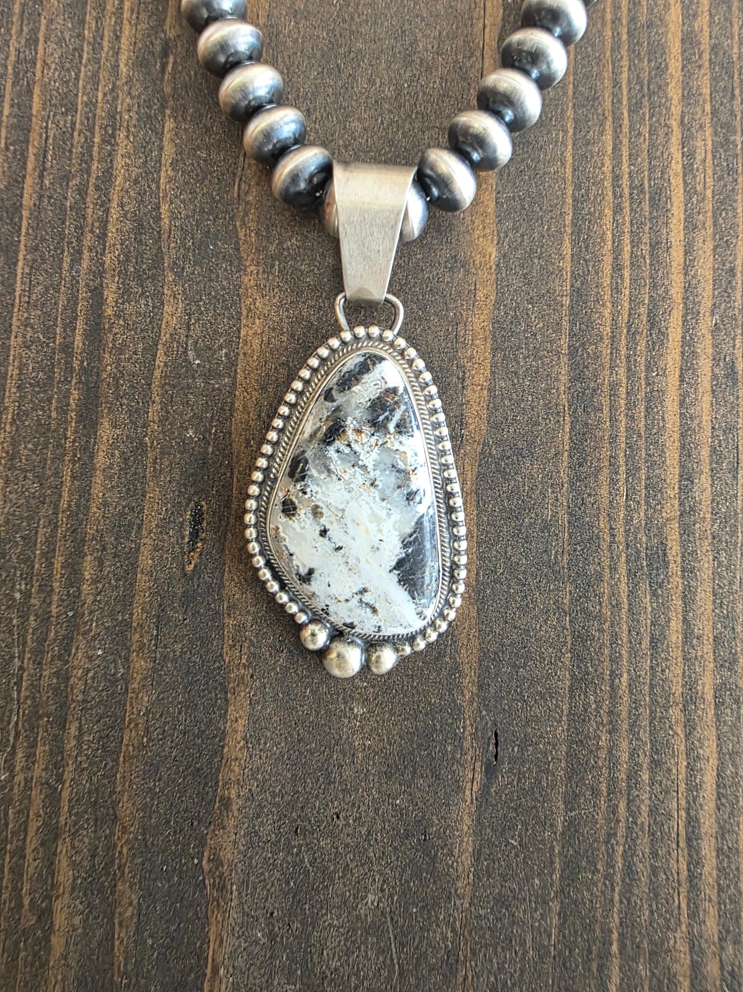 White Buffalo Large Stone Sterling Bead Accent Pendant