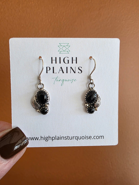 Double Stone Black Onyx Sterling Leaf Earrings