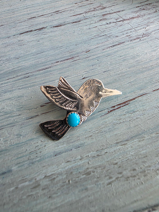 Stamped Sterling Silver Turquoise Hummingbird Pin
