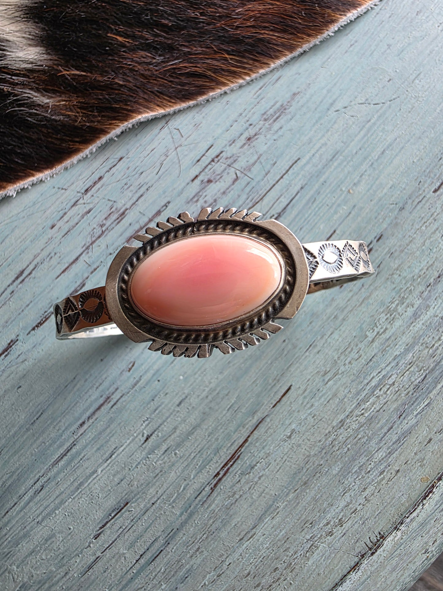 Heavy Gauge Sterling Hand Stamped Pink Conch Cuff