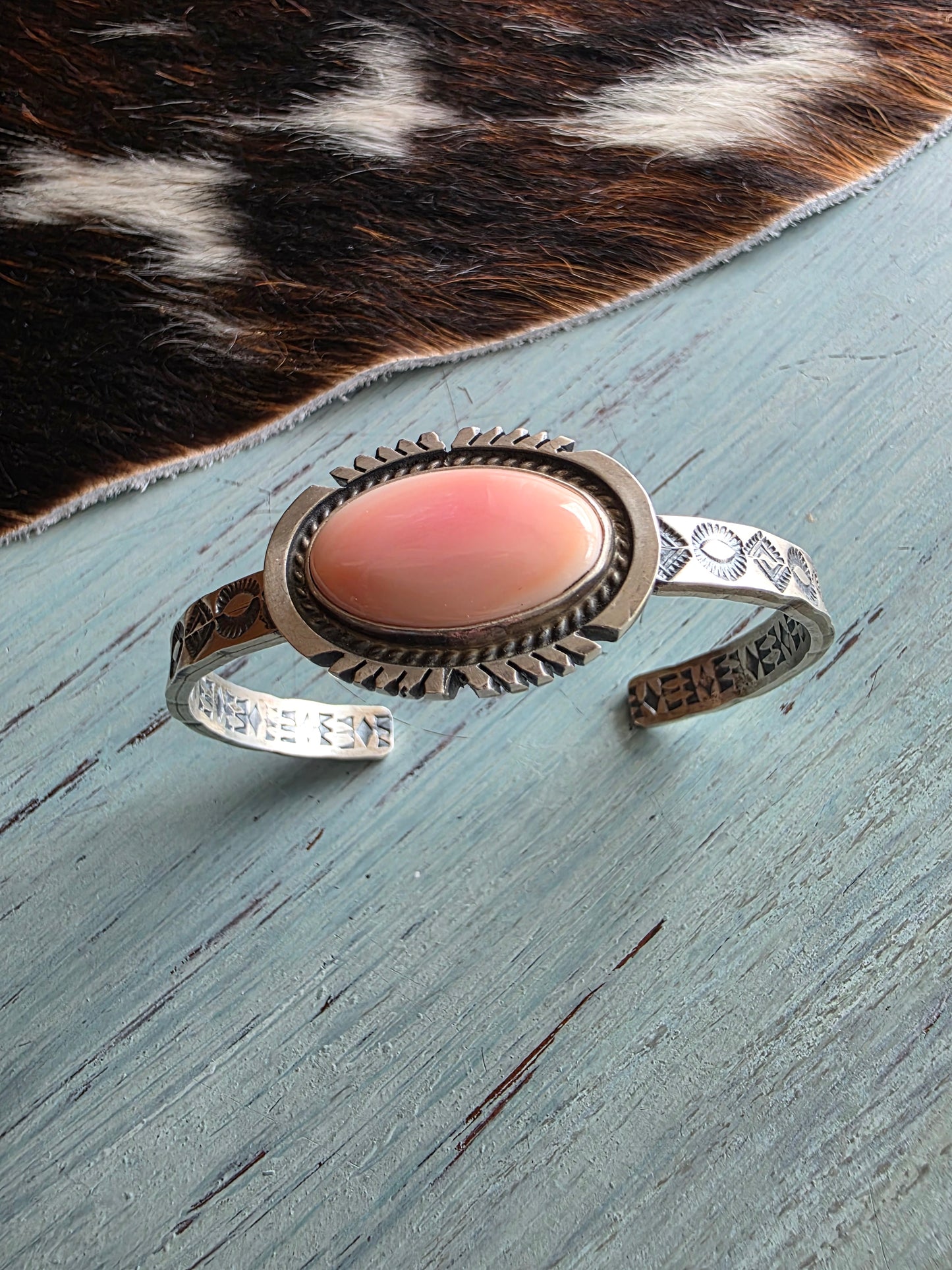 Heavy Gauge Sterling Hand Stamped Pink Conch Cuff
