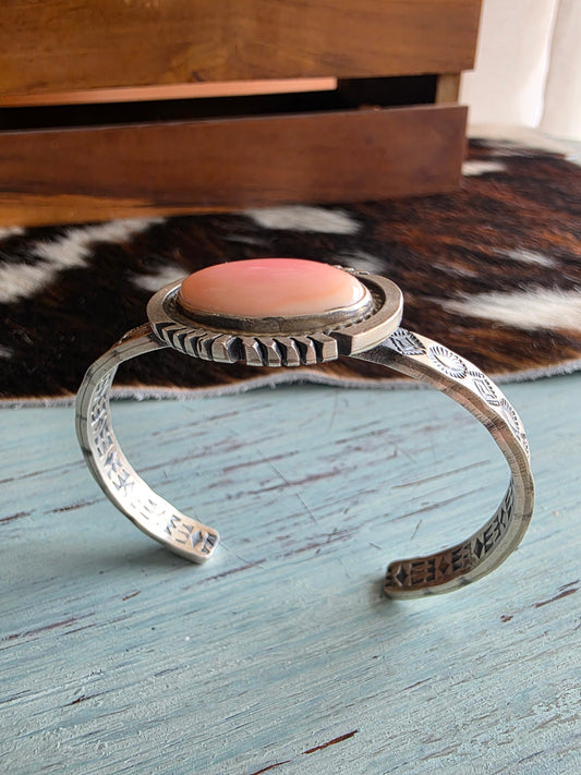 Heavy Gauge Sterling Hand Stamped Pink Conch Cuff