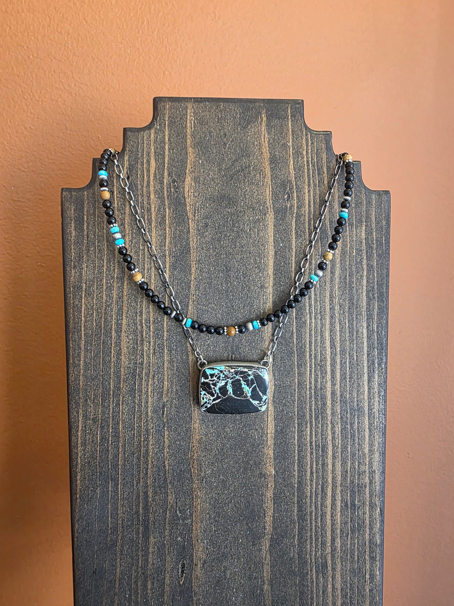 Black Onyx, Picture Jasper, and Turquoise Beaded Necklace