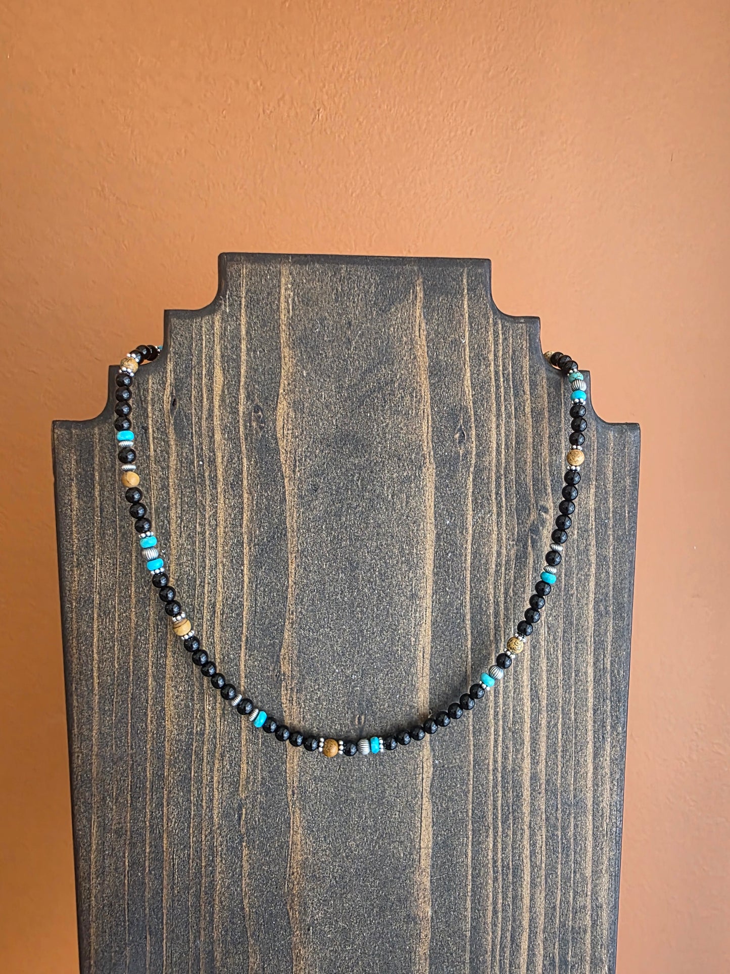 Black Onyx, Picture Jasper, and Turquoise Beaded Necklace