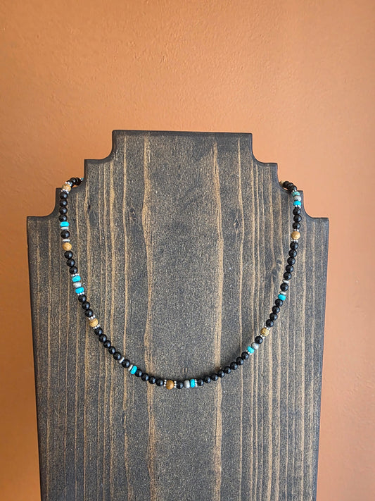 Black Onyx, Picture Jasper, and Turquoise Beaded Necklace