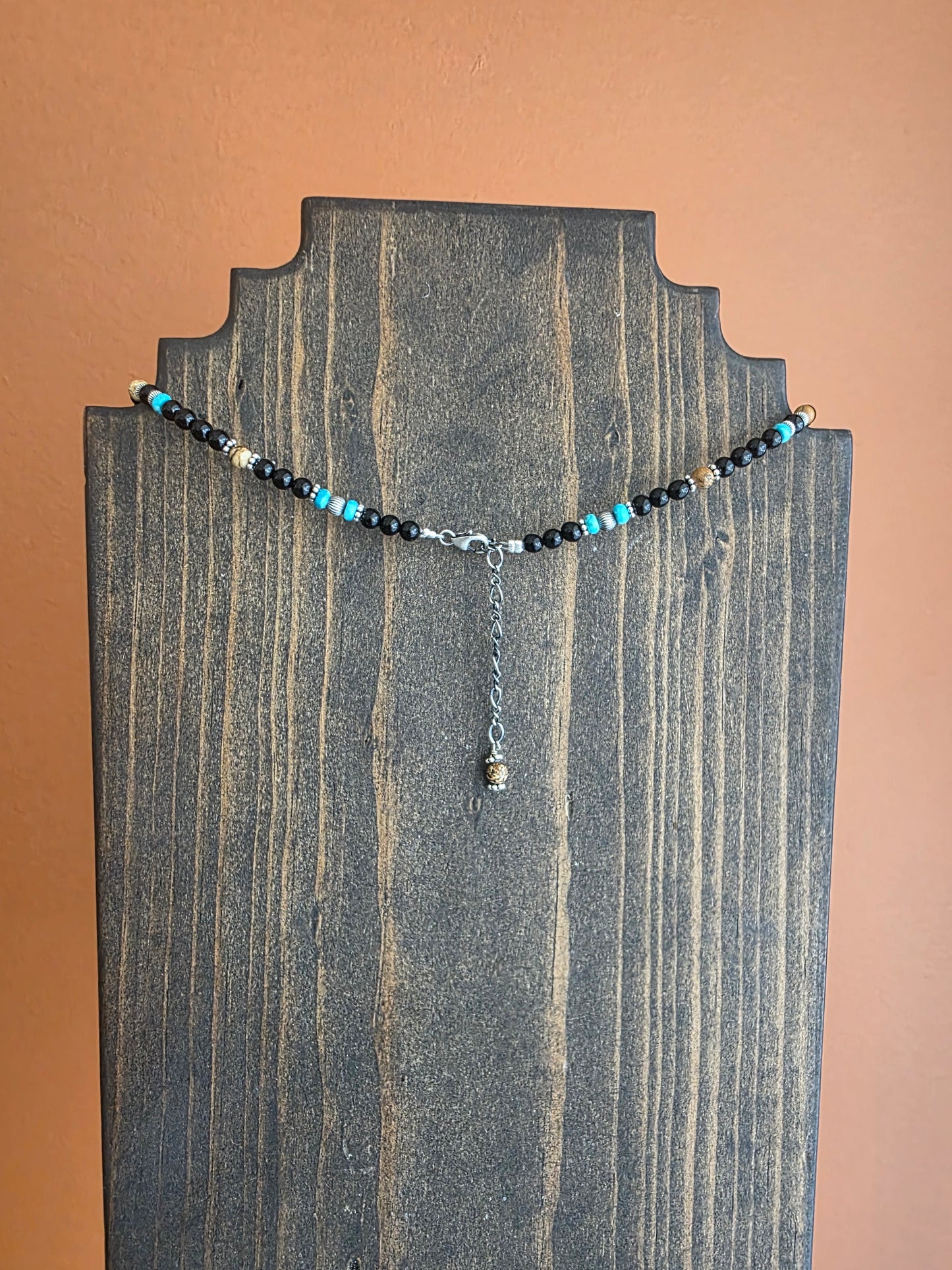 Black Onyx, Picture Jasper, and Turquoise Beaded Necklace
