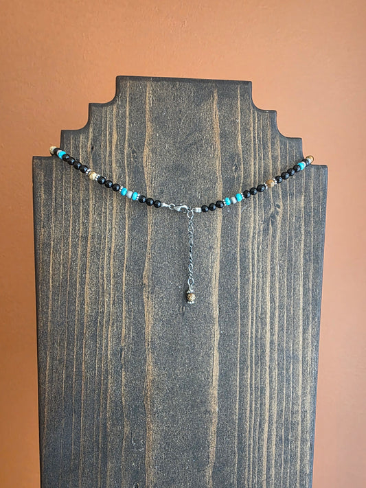 Black Onyx, Picture Jasper, and Turquoise Beaded Necklace